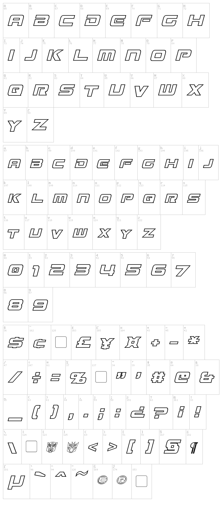 Mission GT-R font map